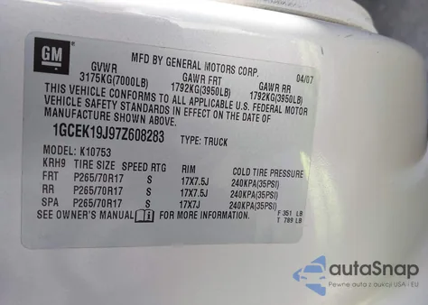 2007 Chevrolet Silverado 1500 Lt2 from USA, damaged, VIN 1GCEK19J97Z608283